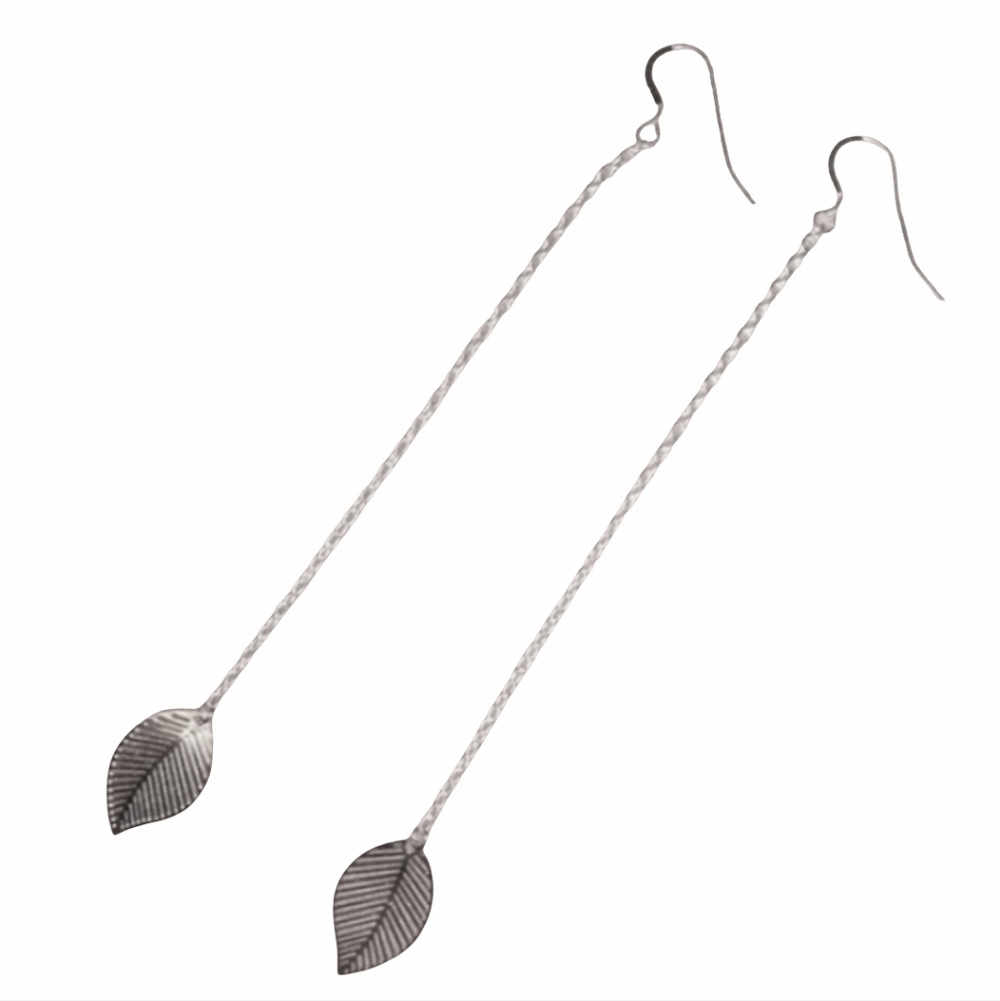 Solid 925 Sterling Silver Ear Wires Long Chain Earrings Dangle Leaf Leaves KATTA